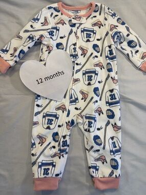 Carter's - NWOT Fleece Onesie with Pink Trim and Blue Hockey Print